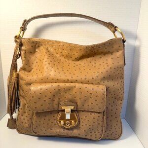 Talbots Tan Beige Leather Handbag Bag Purse w/Ostrich Print